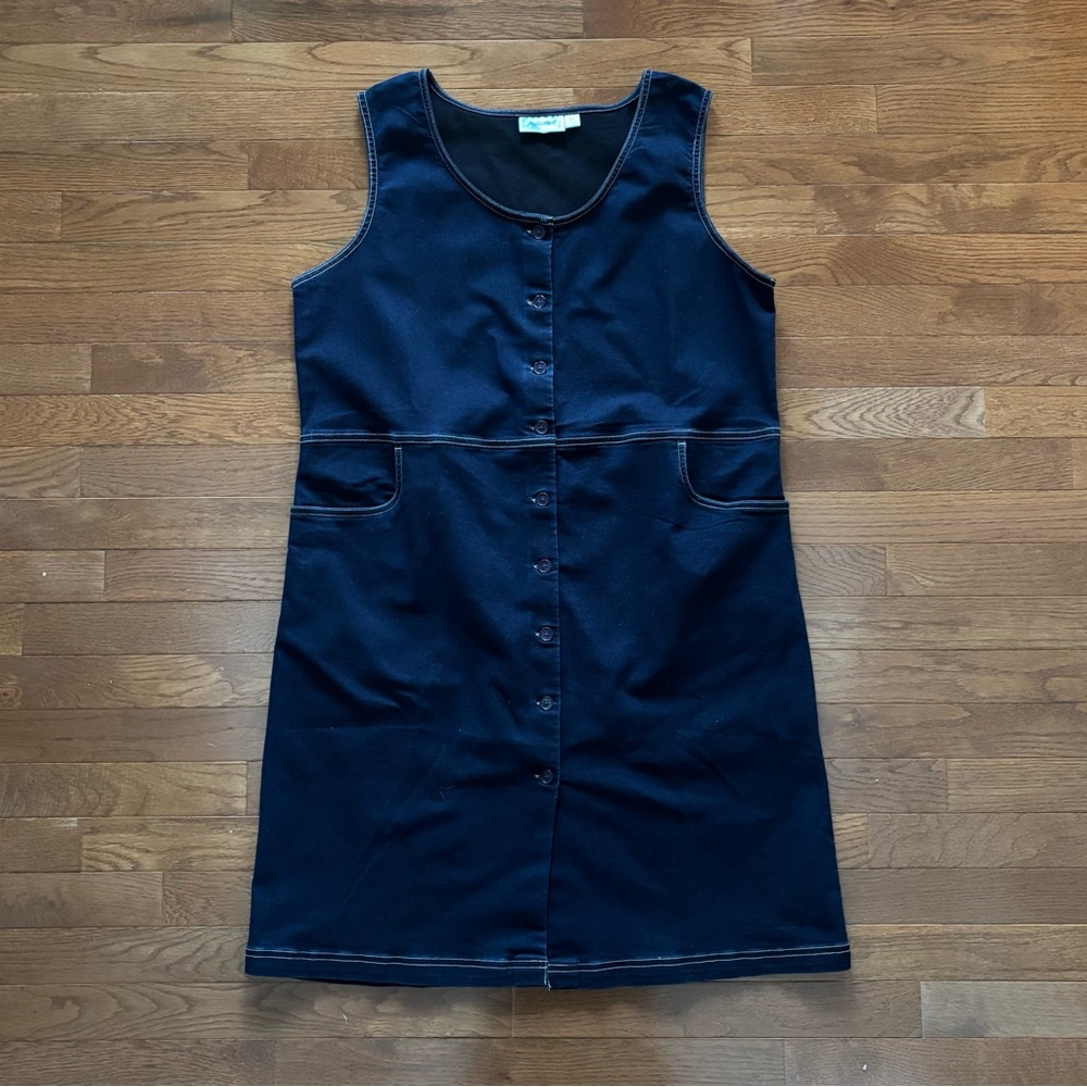 Vintage 90’s Dark Wash Blue Denim Button-up Pinafore Dress